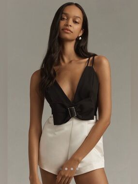 Anthropologie Maeve Sleeveless Deep-V Bow-Front Romper